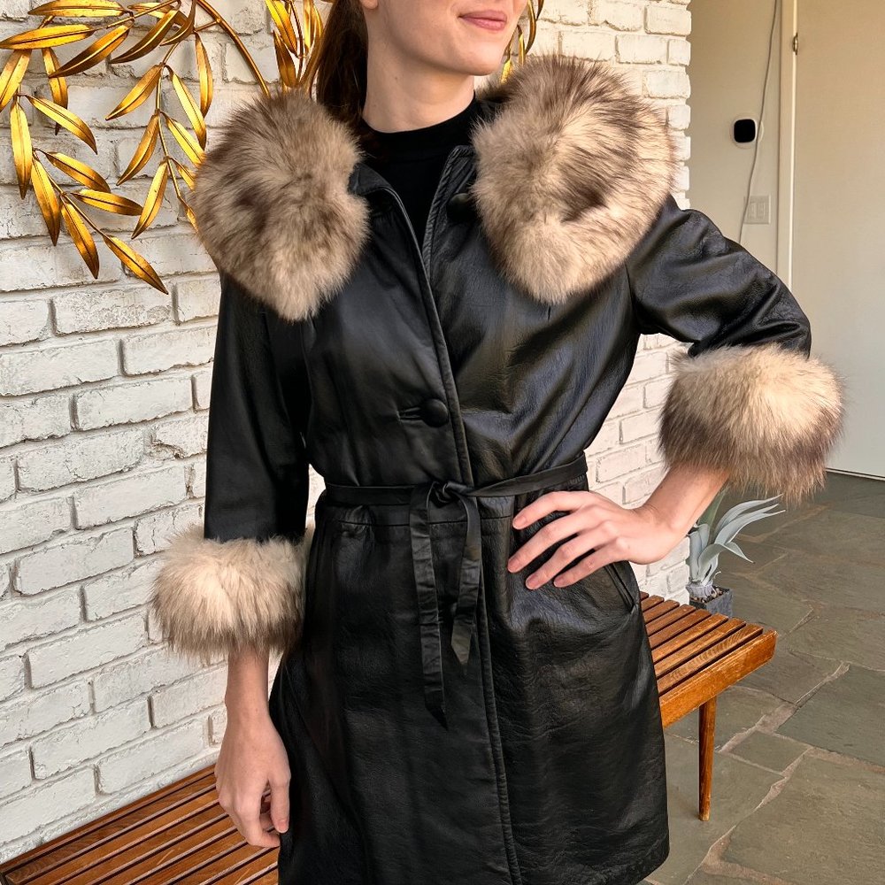 Vintage Black Leather Trench Coat with Fox Fur Femme Fatal Spy